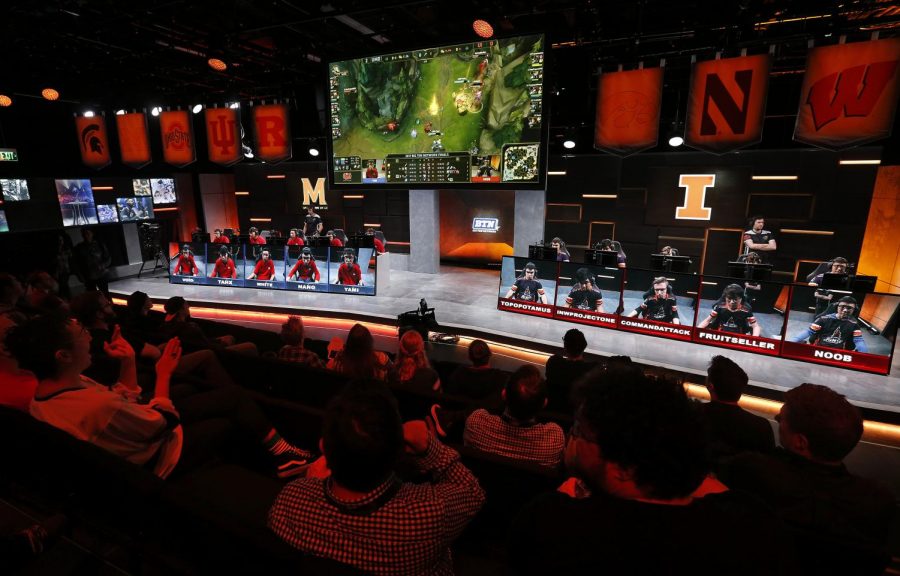 The audience watches a match between the University of Maryland, left, and the University of Illinois in the Big Ten Network League of Legends championship in the Battle Theater at North American League Championship Arena at Riot Games in Los Angeles on March 28, 2017. Maryland won the best of five contest by a score of 3-0.