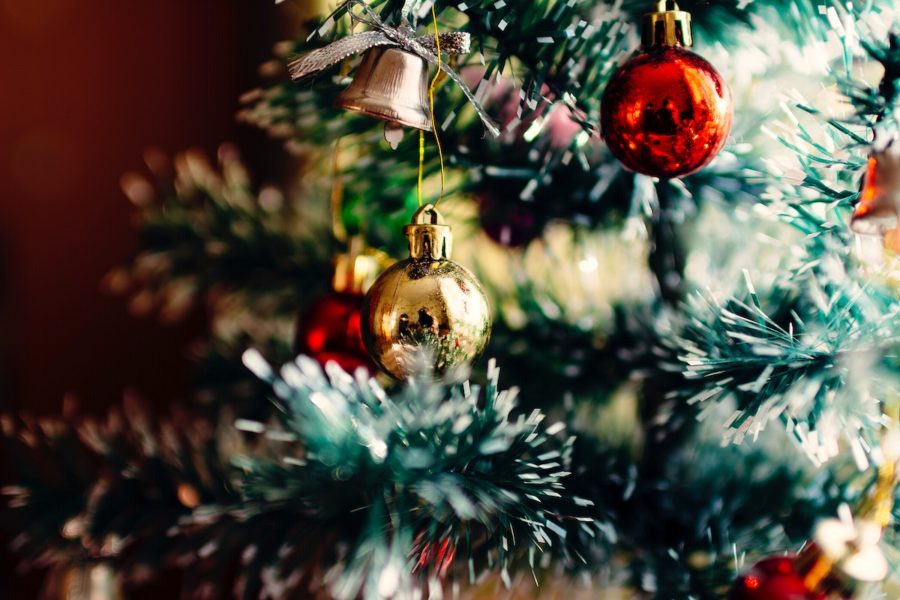 Bauble balls hang on Christmas tree. Original public domain image from Wikimedia Commons